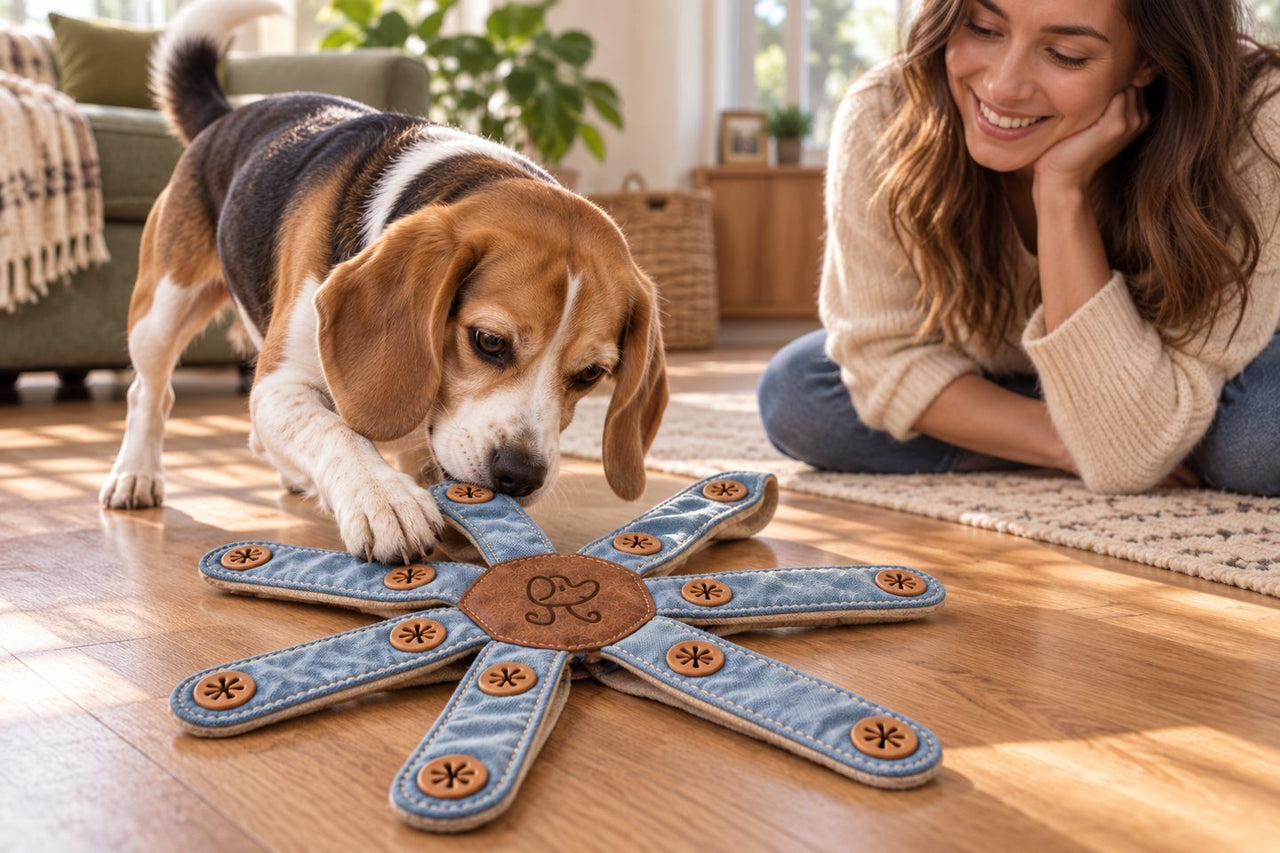 Beagle exploring a small pocket on the soft Dogtopus beside its owner