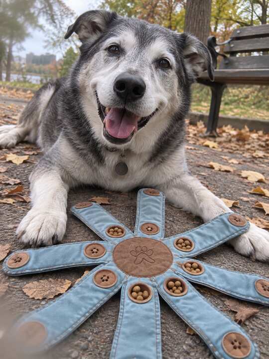 Happy senior mixed-breed dog relaxing beside Dogtopus in a park