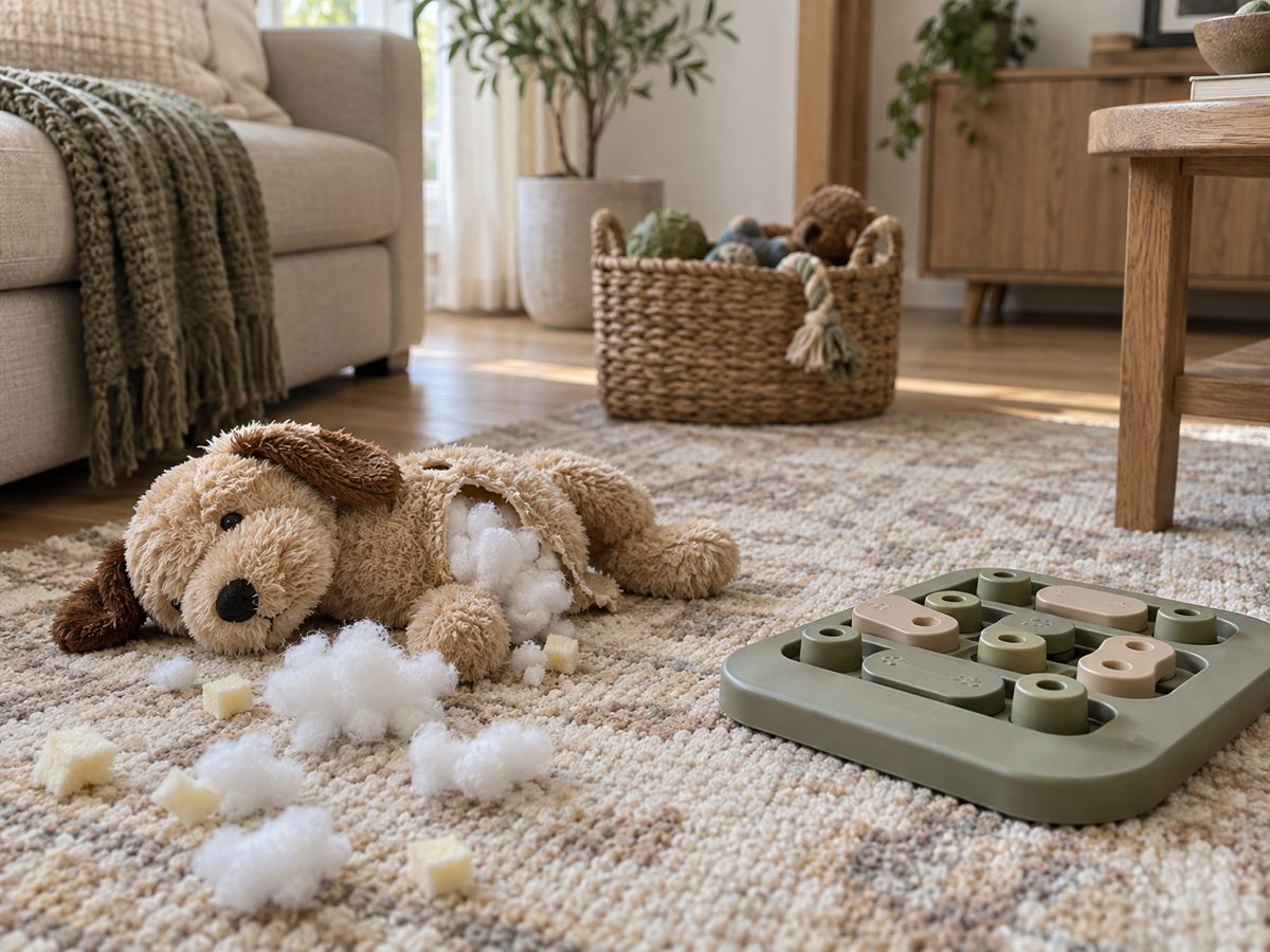 Scattered stuffing from a torn plush toy and a rigid plastic puzzle board