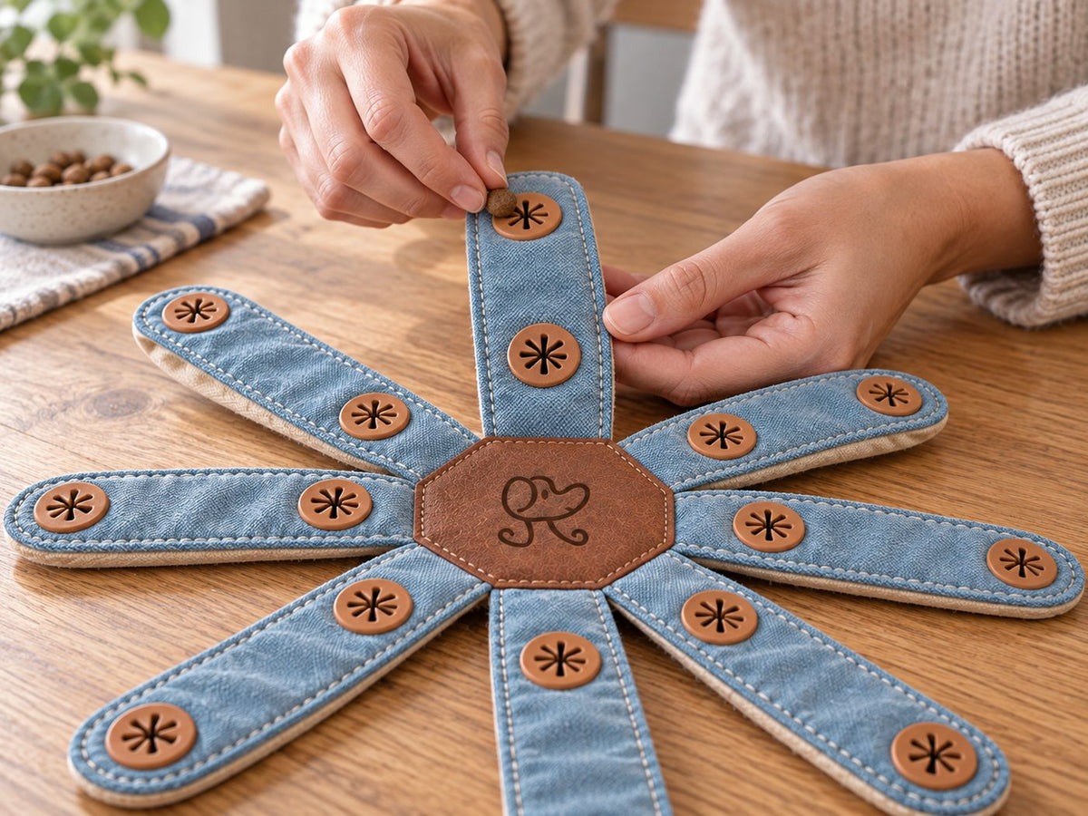 Placing one kibble piece in a small slit opening on a Dogtopus canvas arm