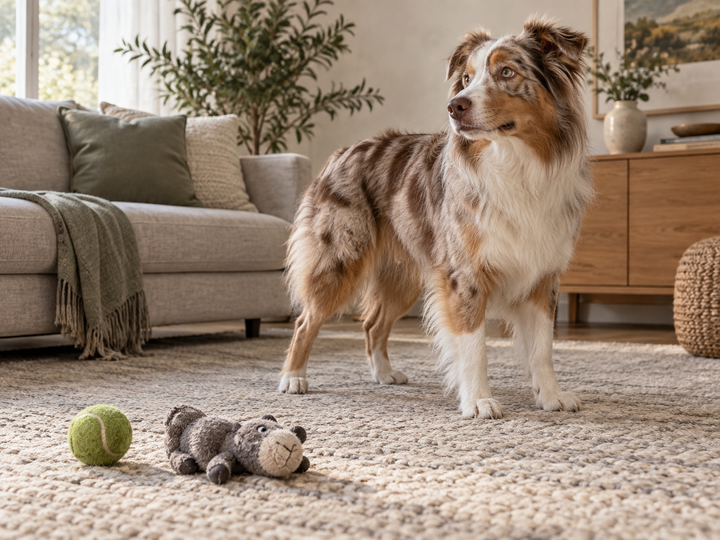 Curious dog turning away from predictable ordinary toys