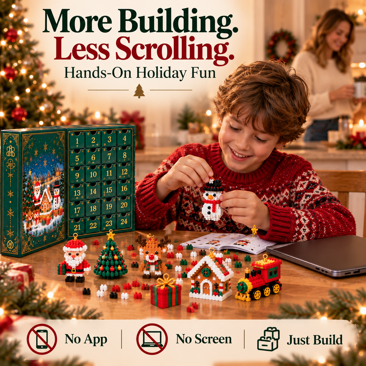 Cookavelle® 24-Day Mini Christmas Ornament Advent Calendar | 24 unique festive buildable designs with hanging loops
