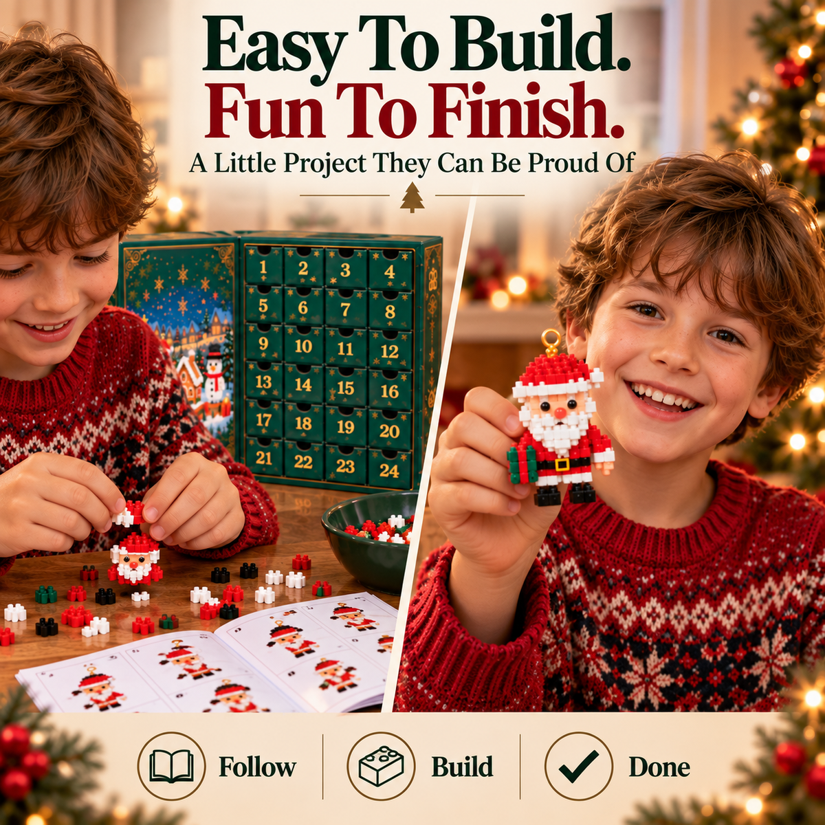 Cookavelle® 24-Day Mini Christmas Ornament Advent Calendar | 24 unique festive buildable designs with hanging loops