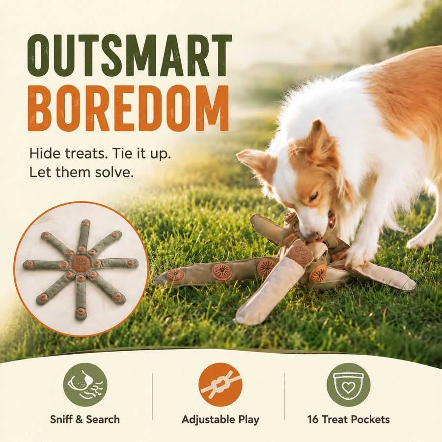 Dog enjoying a Dogtopus treat hunt outdoors, showing the open fabric-arm toy and its 我们 dog logo