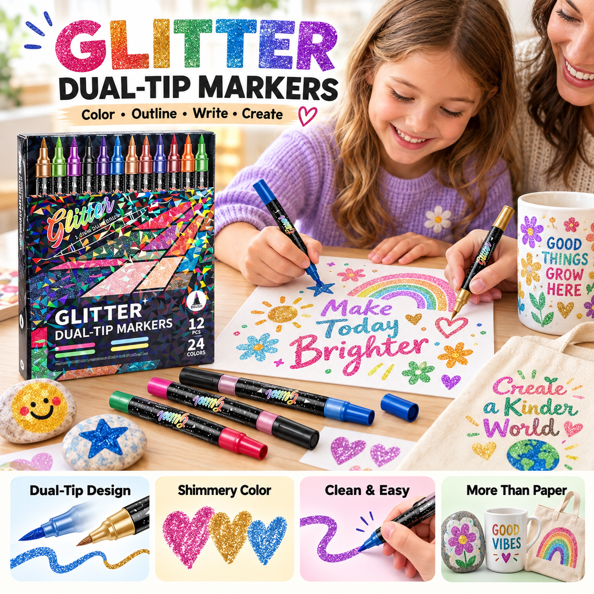 🔥LAST DAY 50% OFF ✨🎨Glitter Effect Brush Markers - Create Sparkling Artwork Easily(🌈24-96 Colors | Smooth No Clog | No Bleed Through📝)