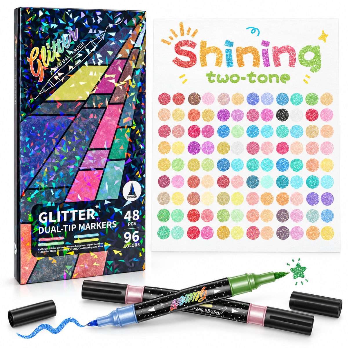 🔥LAST DAY 50% OFF ✨🎨Glitter Effect Brush Markers - Create Sparkling Artwork Easily(🌈24-96 Colors | Smooth No Clog | No Bleed Through📝)