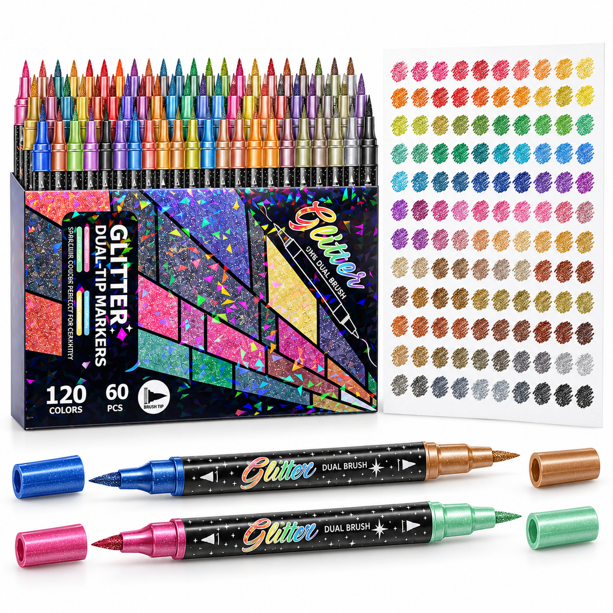 🔥LAST DAY 50% OFF ✨🎨Glitter Effect Brush Markers - Create Sparkling Artwork Easily(🌈24-96 Colors | Smooth No Clog | No Bleed Through📝)