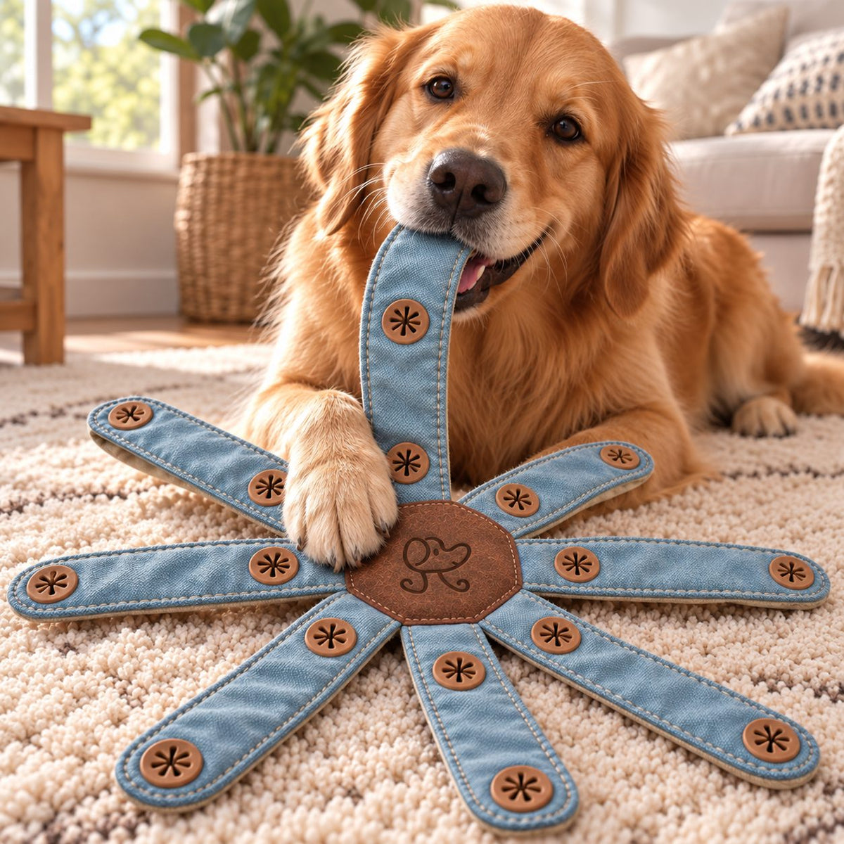 Golden retriever playing with the long fabric arms of a 我们 Dogtopus, with the dog logo on its central patch