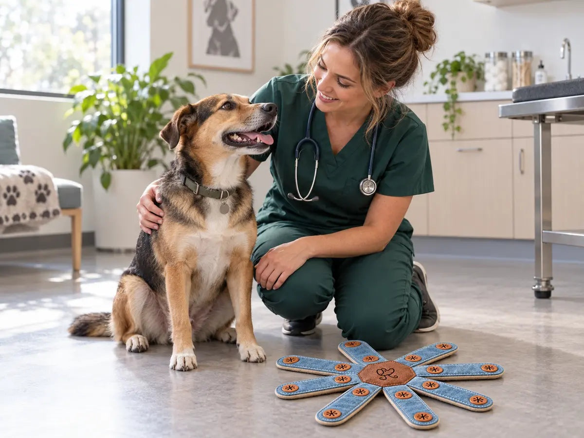 Veterinarian in green scrubs beside a happy dog and the 我们 Dogtopus enrichment toy