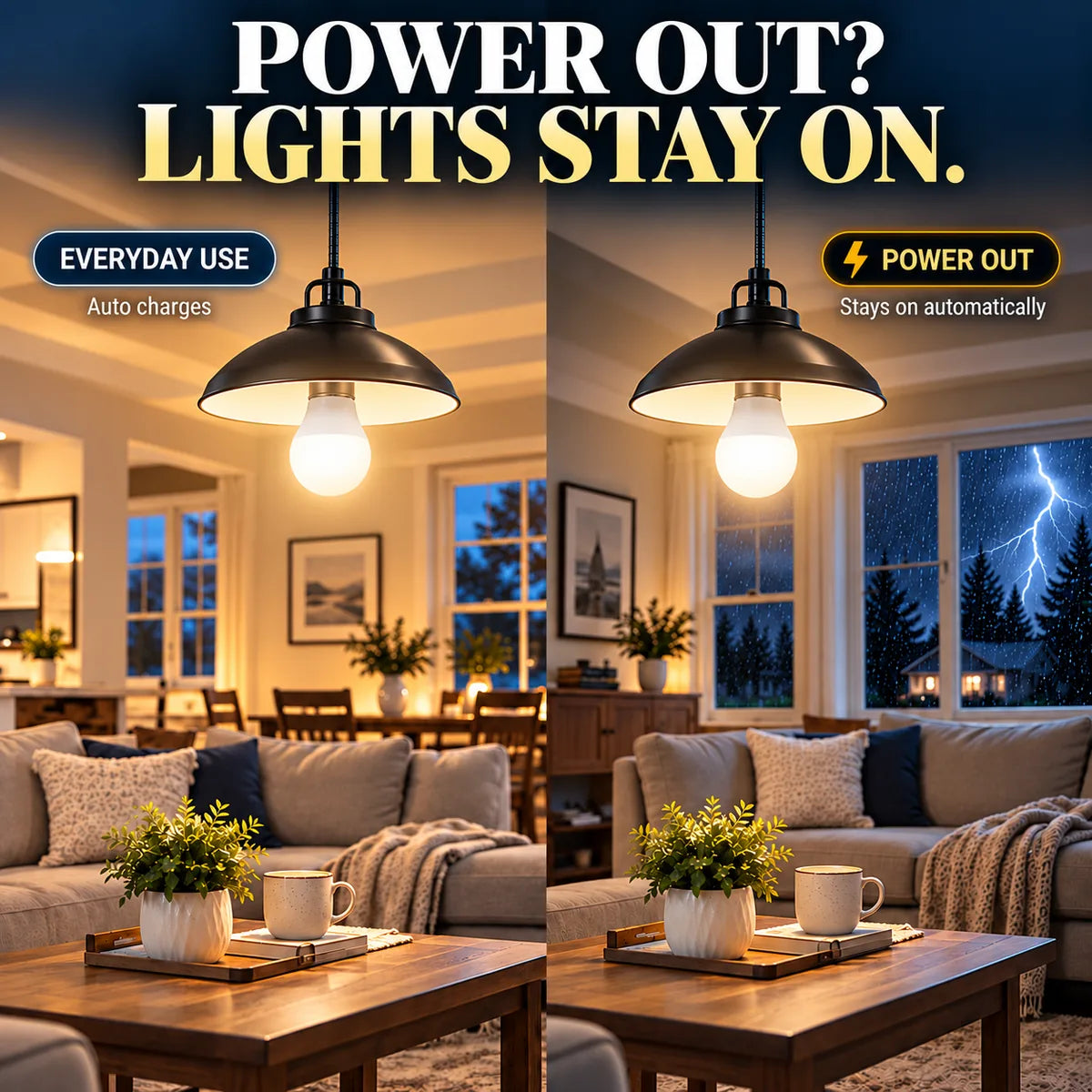 Power outage comparison showing rechargeable emergency bulbs staying on automatically