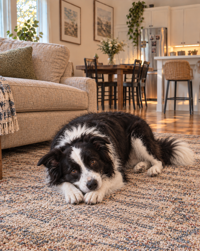 A Border Collie resting alone on a rug with no toy nearby