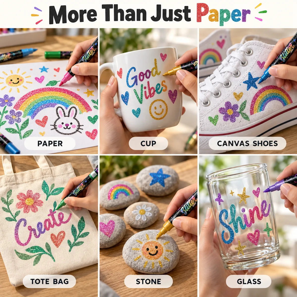 Glitter acrylic paint markers used on paper cups clothing and fabric bags