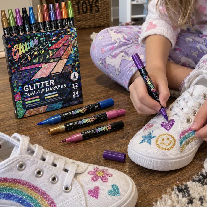 Close-up of a child decorating canvas shoes with glitter markers