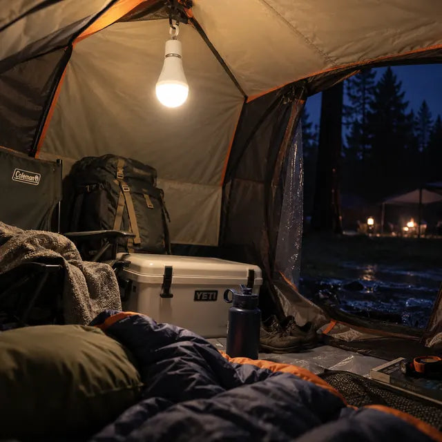 Rechargeable emergency bulb hanging inside a camping tent
