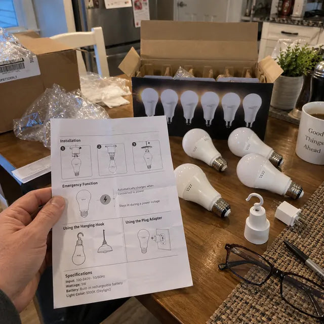 Multi-pack rechargeable emergency bulbs with instructions and accessories
